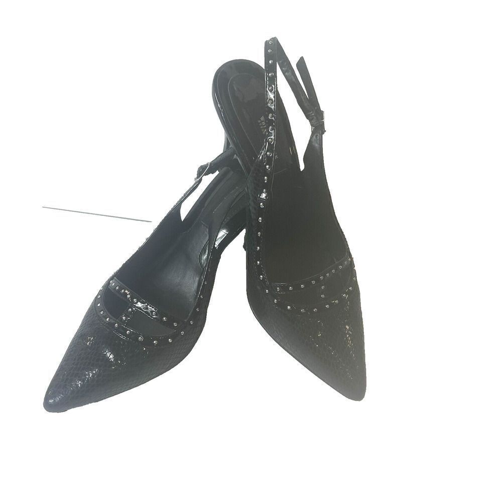 White House Black Market Womens 8M Black Leather Heel Slip On Sling Back Studded